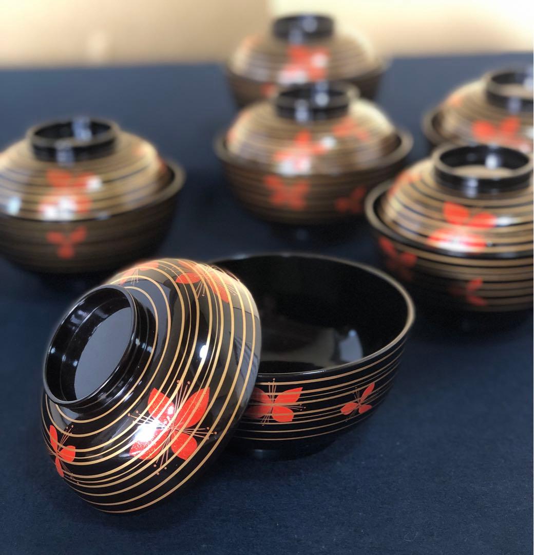 《レ》懐石 黒塗 金線模様 吸物椀6客 克己作 木製漆器 共箱 260128く2