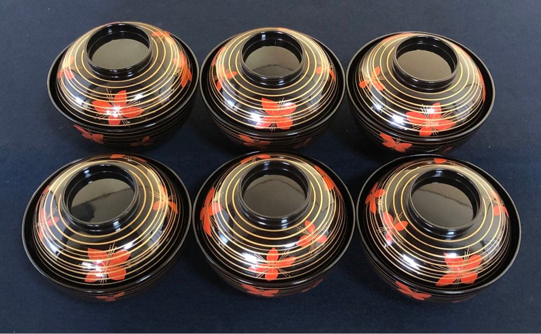 《レ》懐石 黒塗 金線模様 吸物椀6客 克己作 木製漆器 共箱 260128く2