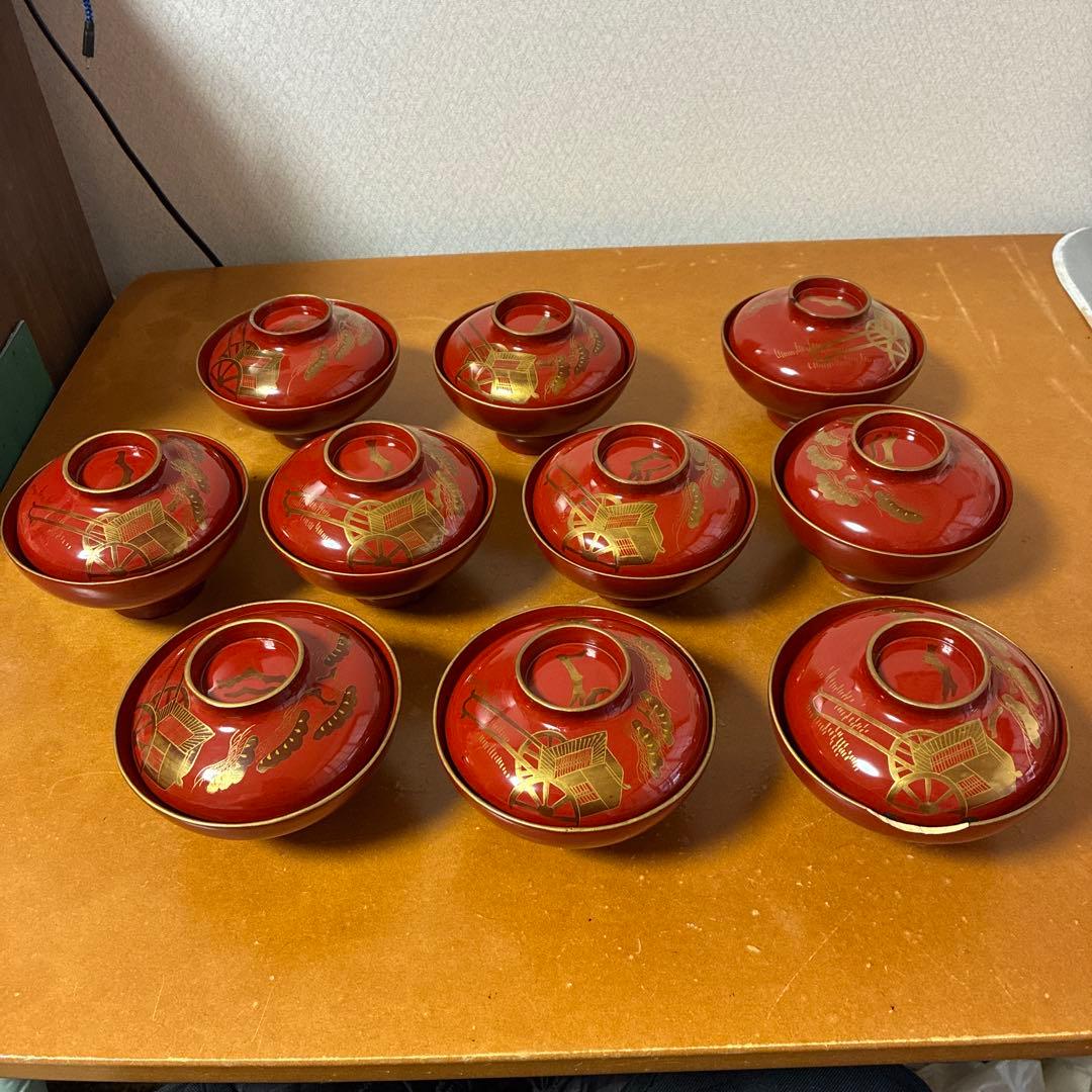 漆器　金絵　朱　蓋付椀　10客　共箱 骨董品