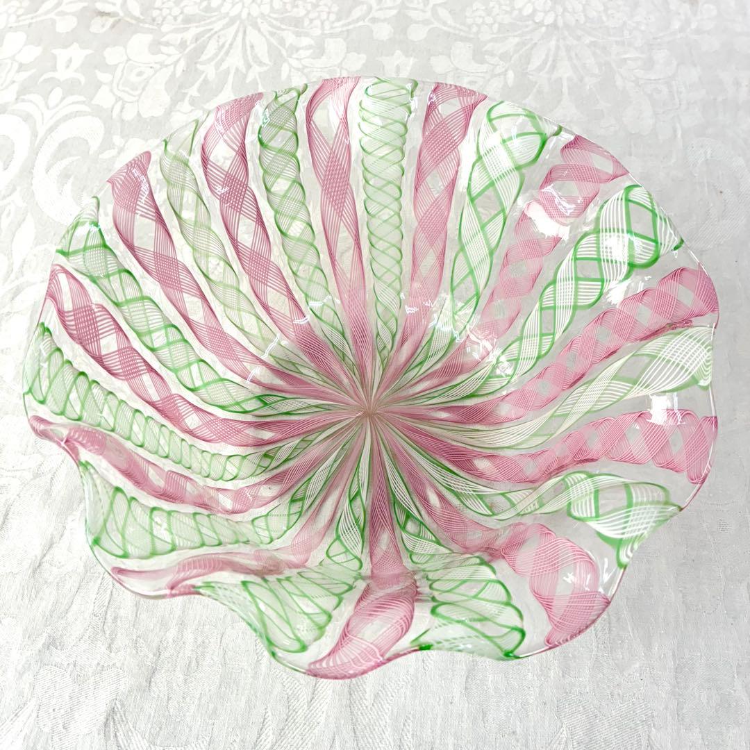 【希少】ベネチア　ムラーノ　バラリン工房　レースガラス　ボウル　ピンク　グリーン