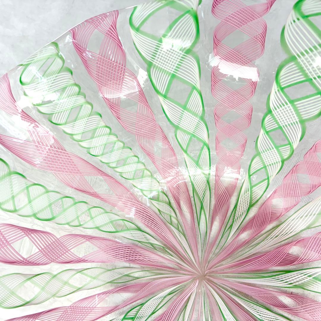 【希少】ベネチア　ムラーノ　バラリン工房　レースガラス　ボウル　ピンク　グリーン