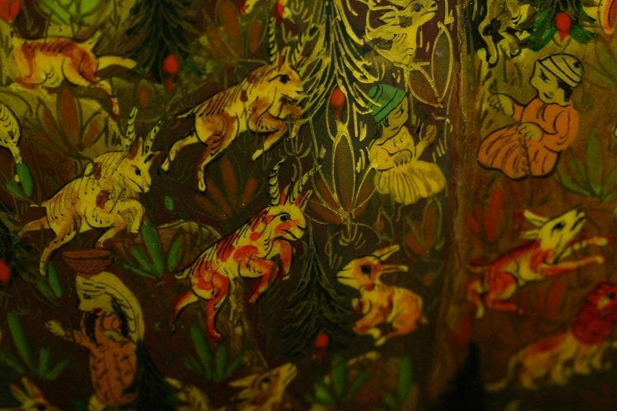 橿原國 細密狩猟更紗紋 変円形 鉢 手描き彩色 作家物 共箱(K-A755)