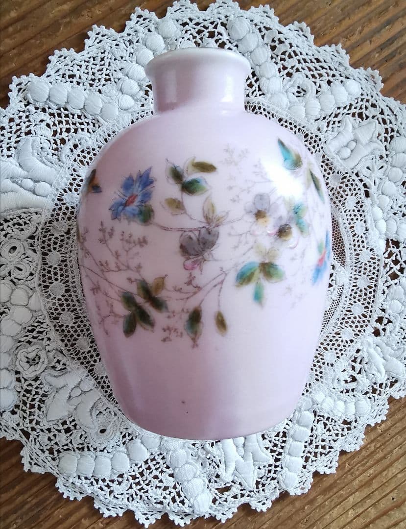 追加参照画像☘アンティーク 手描き山野草 ペールピンク 化粧水・オイル陶器ボトル