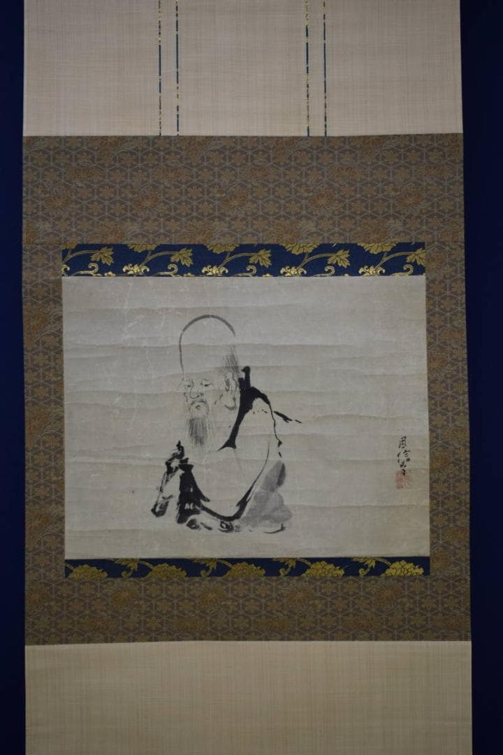真作/狩野周信/寿老人図/布袋屋掛軸HJ-254