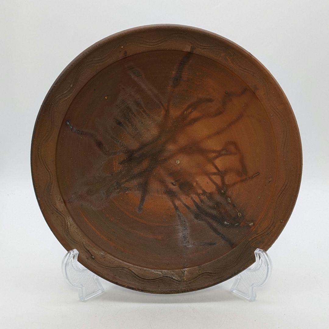 岡山県重要無形文化財 伊勢崎満 備前焼 緋襷皿 共箱栞 直径30cm 食器 盛皿