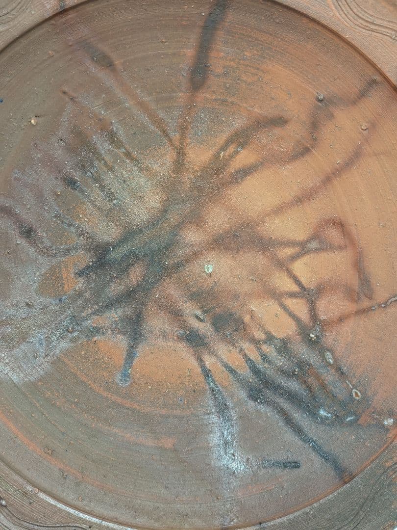 岡山県重要無形文化財 伊勢崎満 備前焼 緋襷皿 共箱栞 直径30cm 食器 盛皿