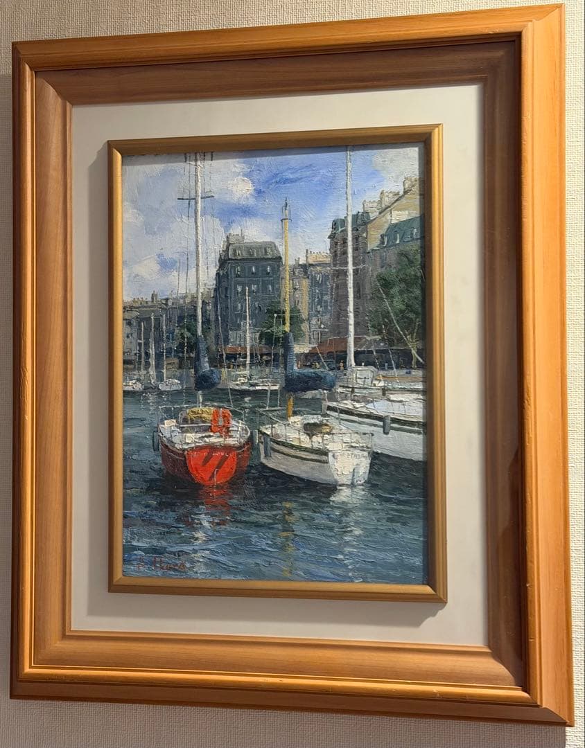 港町風景 油彩画 マリーナ ヨット 額装 風景画 #95