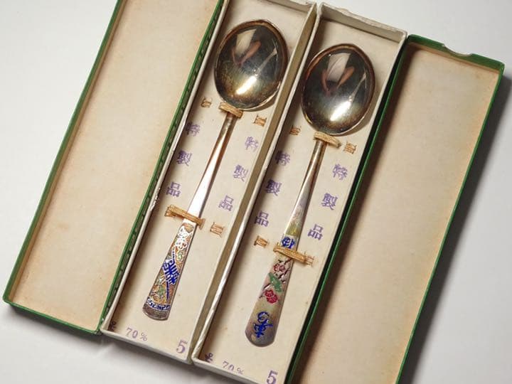 朝鮮の工芸品 銀製 七宝細工 銀匙箸2客 茶道具 箱付 李王家 朝鮮美術