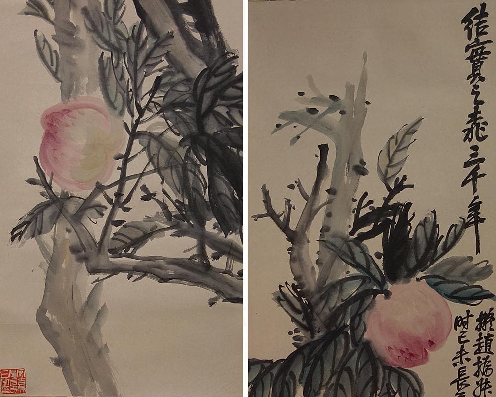 呉昌碩　桃実図掛軸　識箱　送料無料