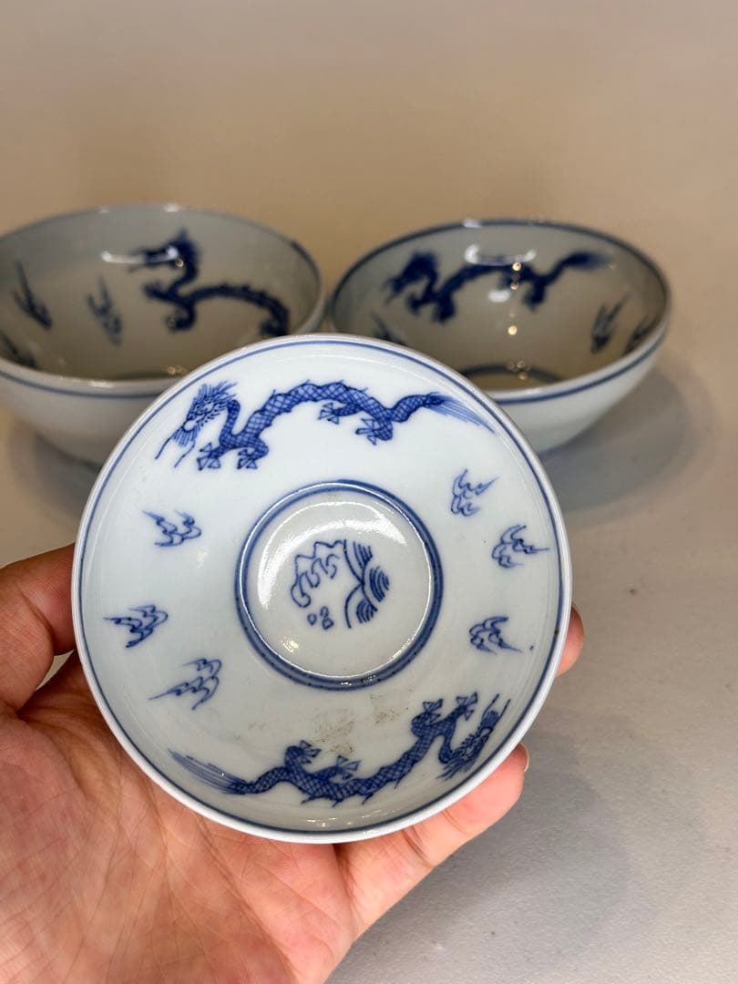 中国 大清雍正年製款 青花染付 龍文 湯呑 三客 サイズ違い アンティーク