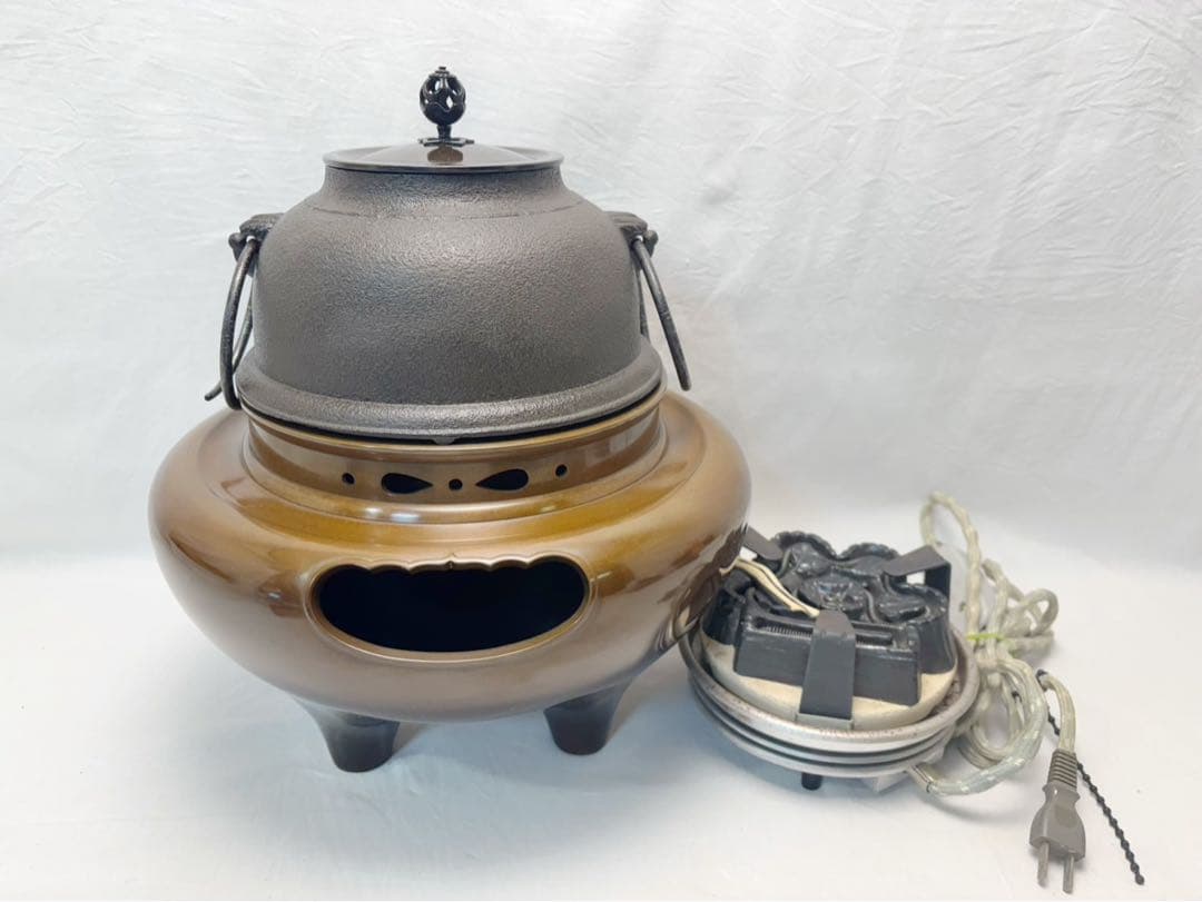 美品 茶道具 菊地政光作 唐銅朝鮮風炉 真形釜添 釜印 野々田電熱器付