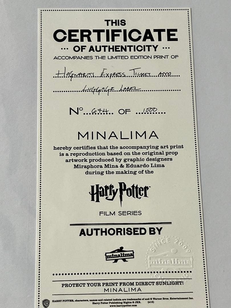 ハリーポッター　ミナリマアートプリント　ボグワーツ特急チケット　荷物ラベル　レア