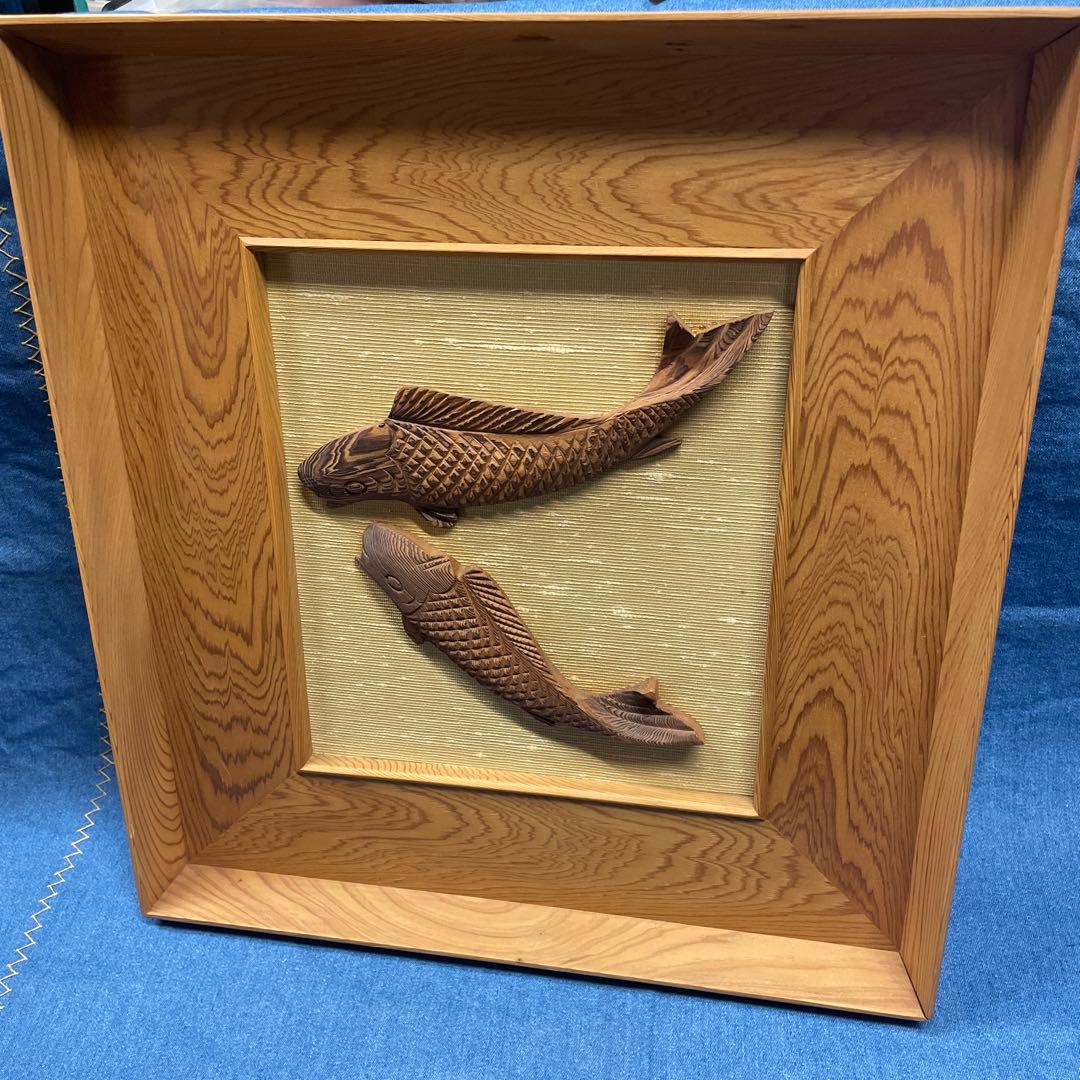木製魚彫刻アートパネル　屋久杉
