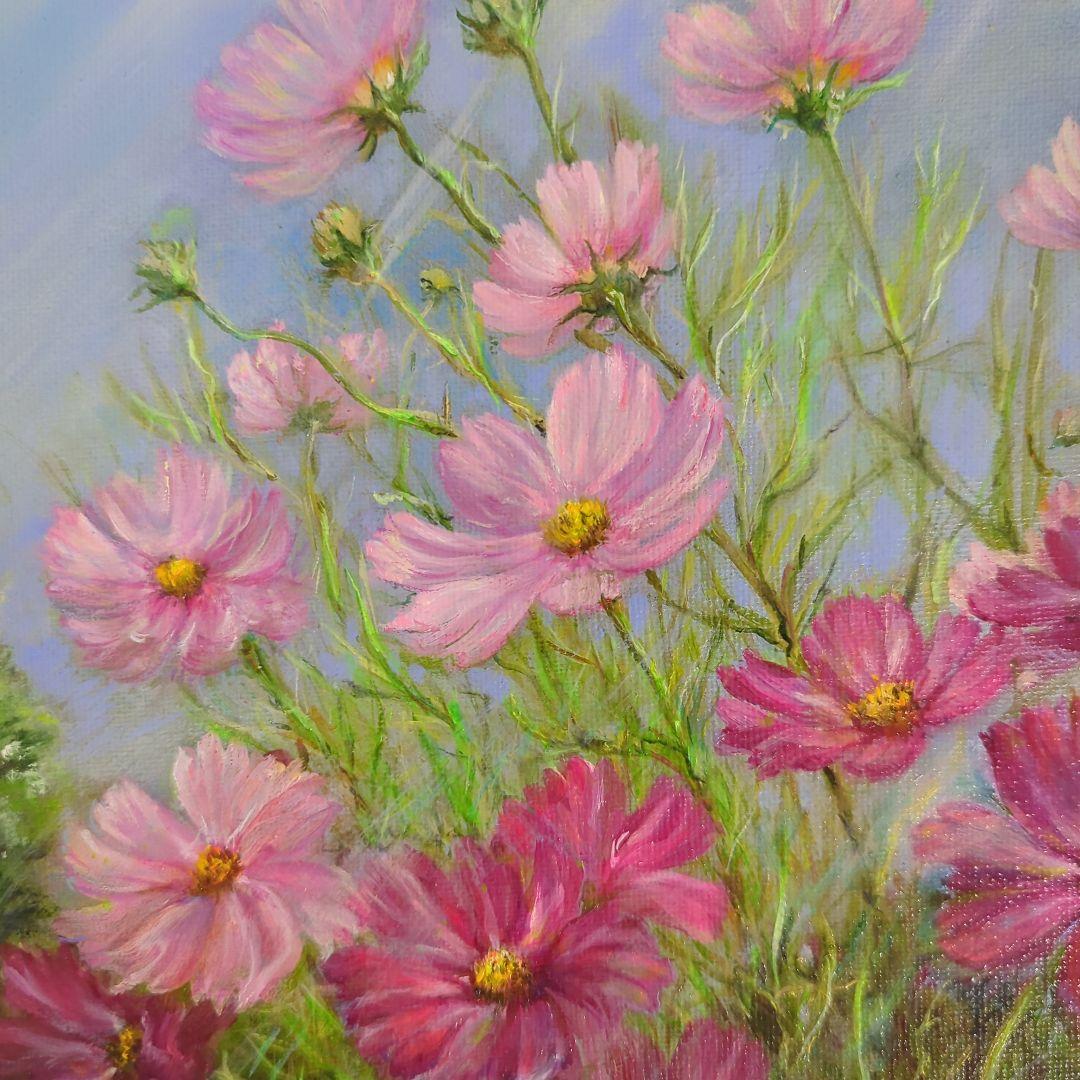 コスモス　風景画　painterTMK真筆　花風景画　肉筆　花絵画　油絵