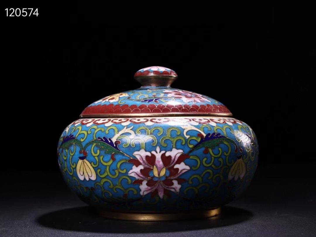 中国古美術・珍蔵・ 銅胎掐糸エナメル彩 景泰藍鎏金蓋罐・箱付き・文房具