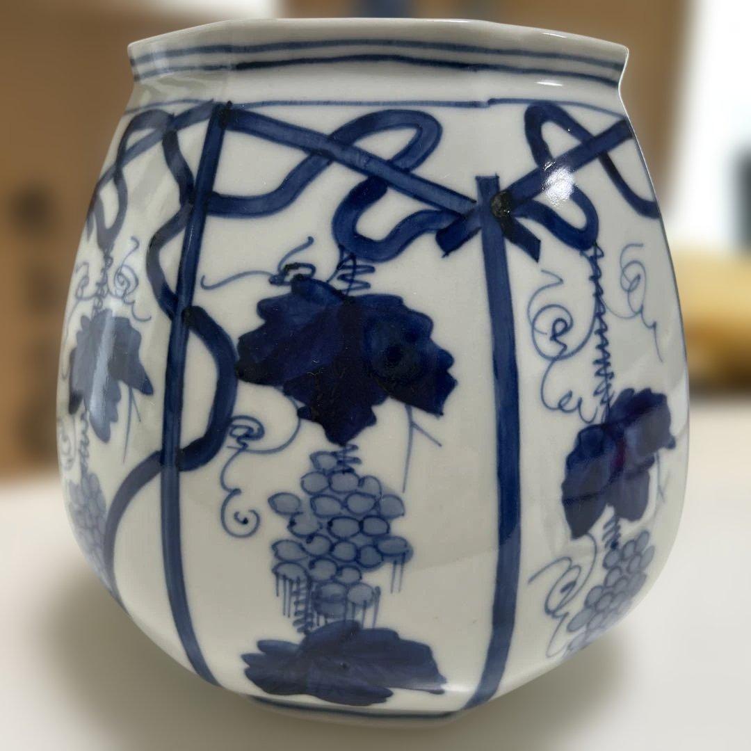 西村徳泉造　染付　ぶどう棚　水指　共箱