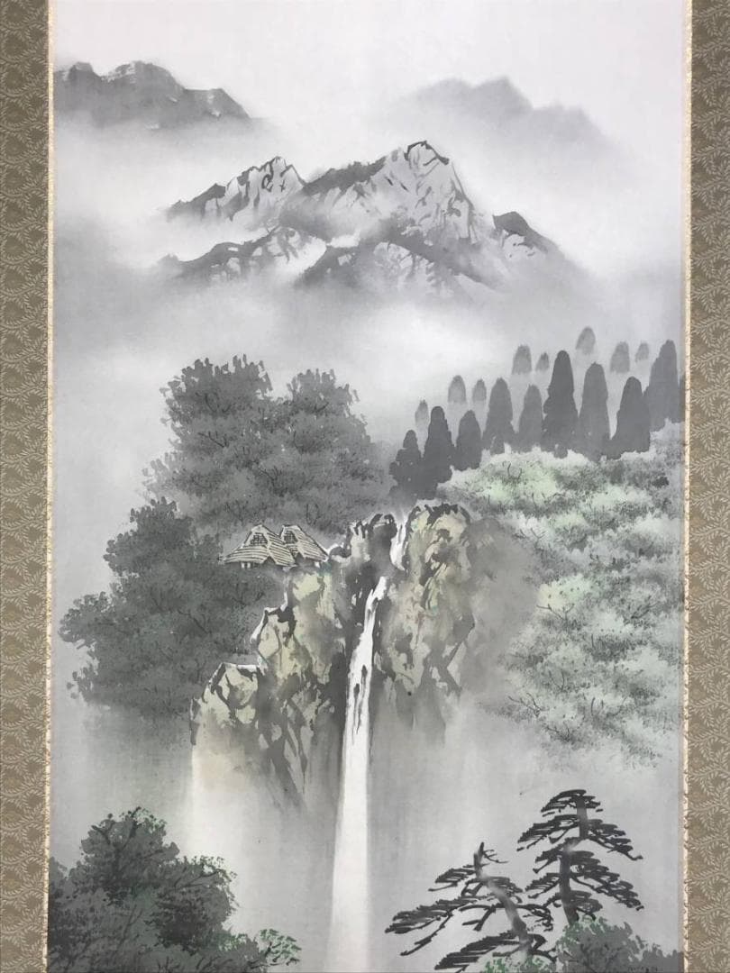 真作/西脇繁華/滝山水釣人図/山水図/釣人図/掛軸☆宝船☆AE-322