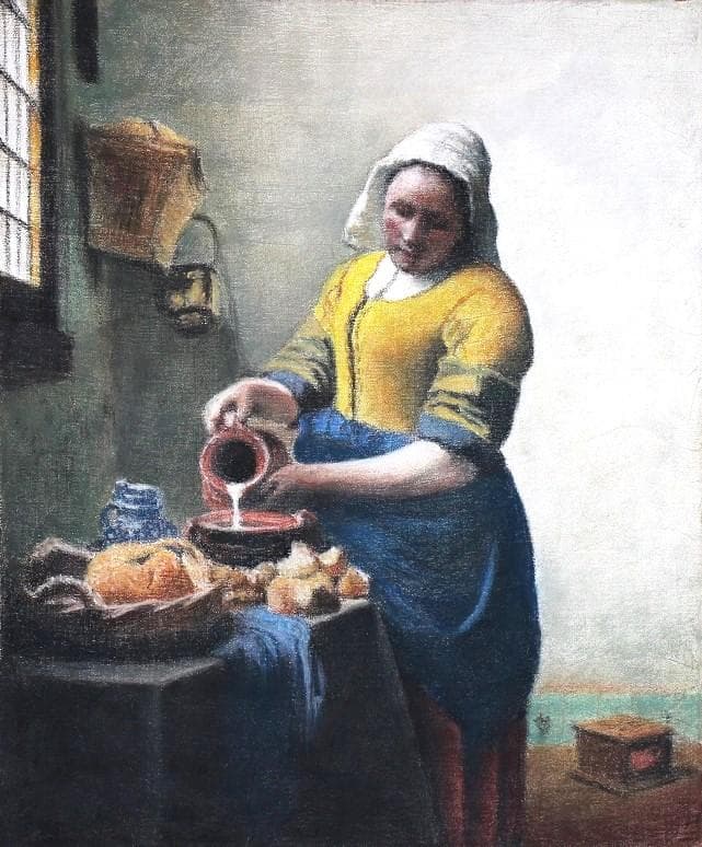 井上司　フェルメール「牛乳を注ぐ召使」模写　パステル画 F8