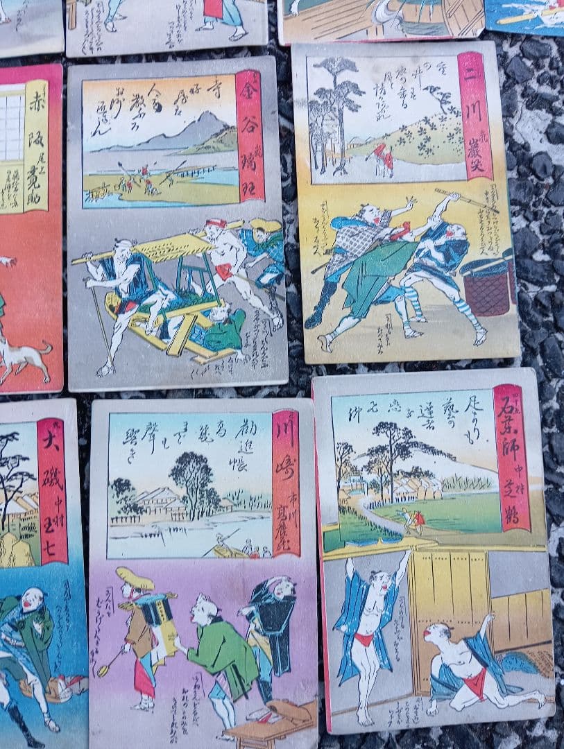 戦前絵葉書 木版画 東海道五十三次 13枚　国芳館発行 大正期 戯画風タッチ