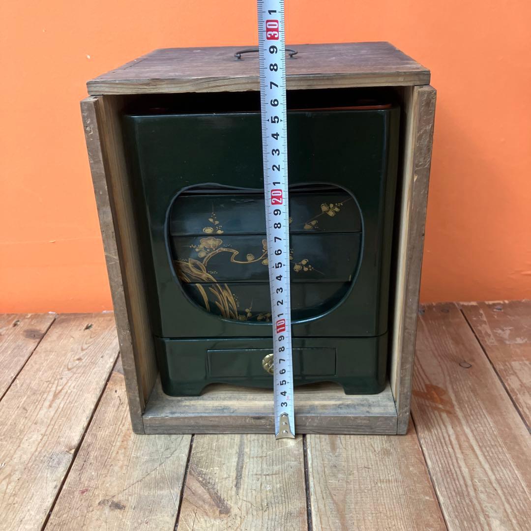 D-5 吉原重 時代物 野弁当 漆器 お重箱 提重 木製 蒔絵 桐箱入り 骨董品