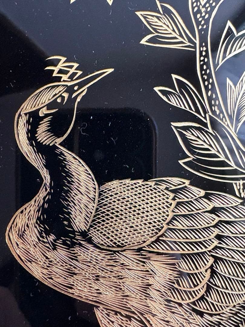 清仙作 黒塗り沈金文箱 牡丹孔雀柄 未使用に近い 箱・布付き和室 書道 茶道