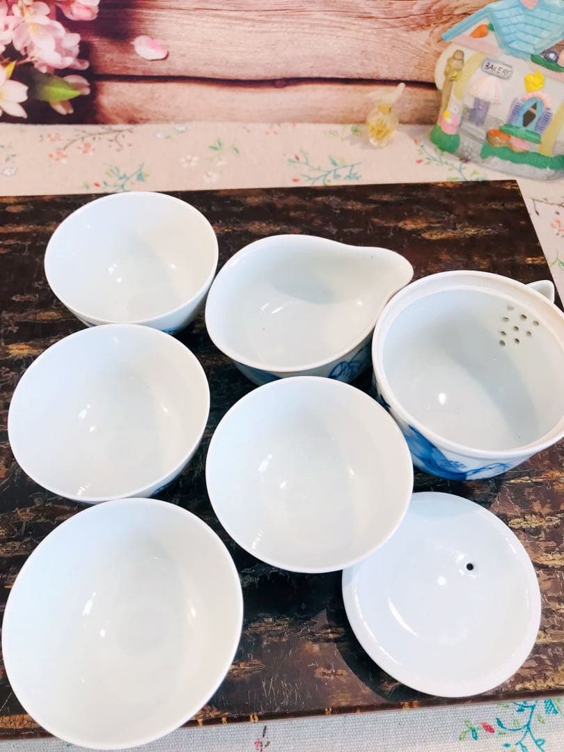 京焼染付寶瓶/ 湯冷/茶碗6点揃い　田能村直入 / 画 | 明治-19世紀頃