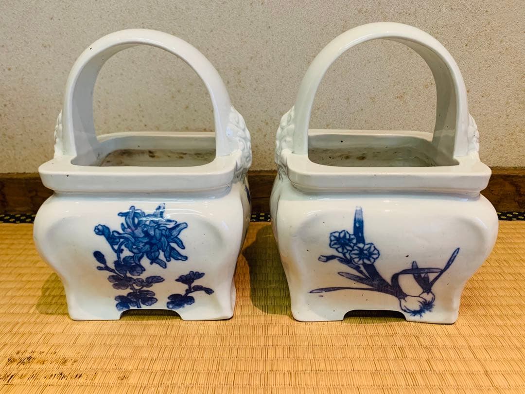 火鉢　2個セット　手提げ火鉢　鬼獅子火鉢　染付　骨董　アンティーク　インテリア