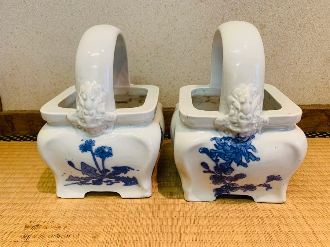 火鉢　2個セット　手提げ火鉢　鬼獅子火鉢　染付　骨董　アンティーク　インテリア