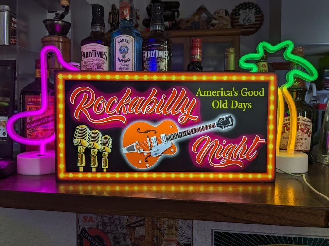 【Lサイズ】ロカビリー ギター オールディーズ 看板 置物 雑貨 ライトBOX