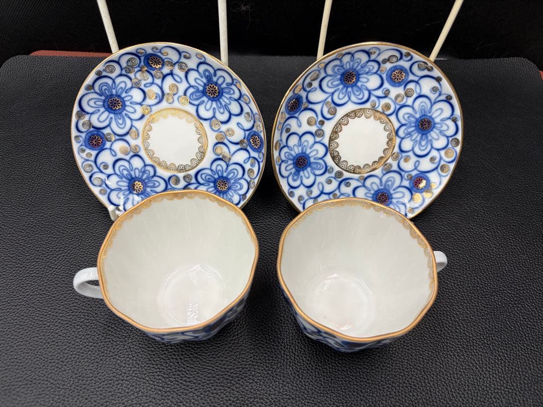 アンティーク　ソビエト　ロモノーソフ　青色系花柄カップ＆ソーサー　２セット①