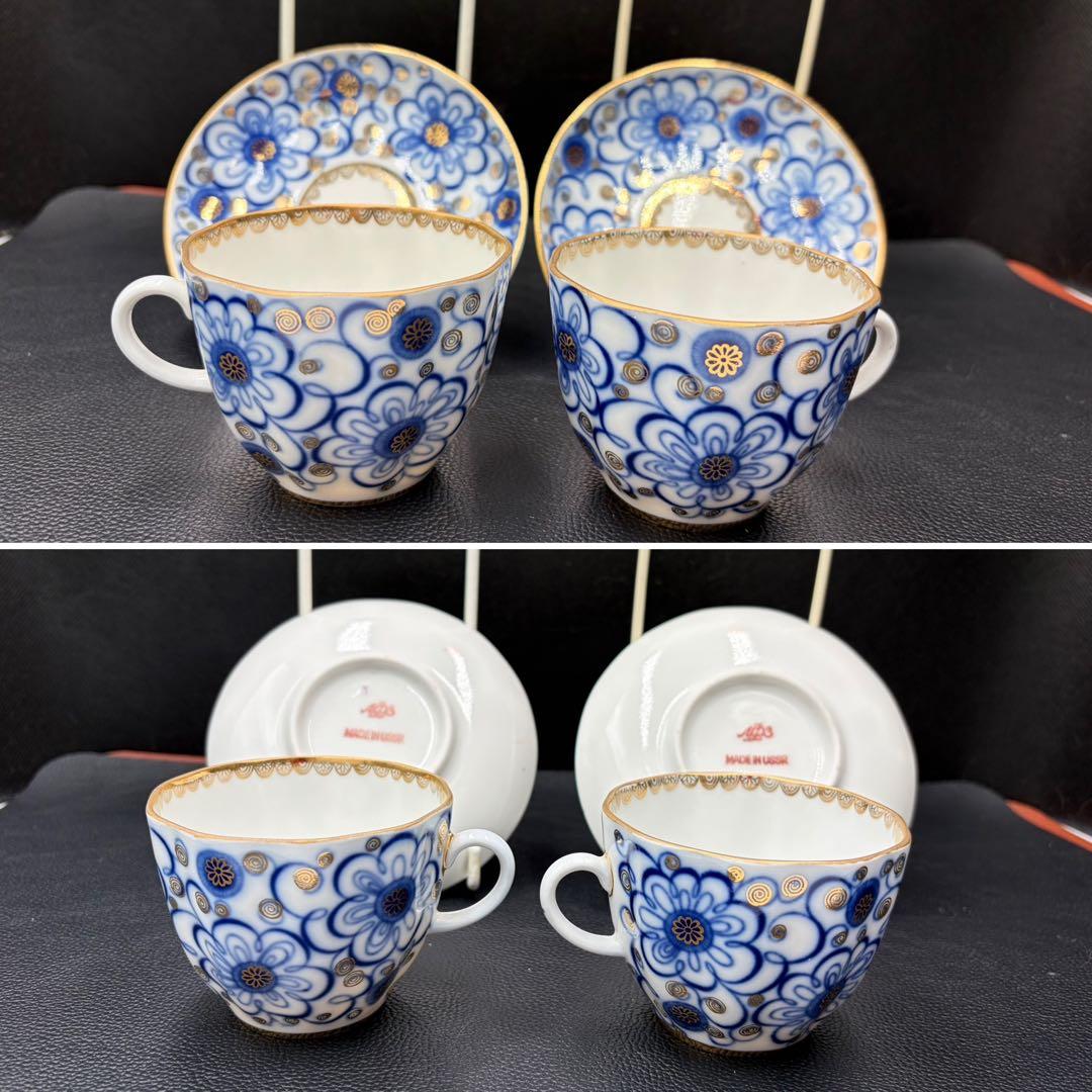 アンティーク　ソビエト　ロモノーソフ　青色系花柄カップ＆ソーサー　２セット①