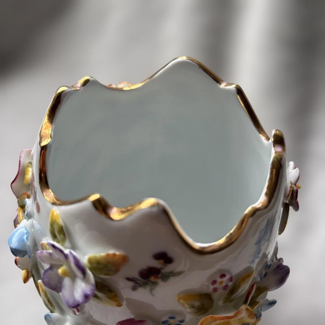ドイツ ドレスデン風 陶器 花装飾 卵型 花器 金彩 脚付き ヴィンテージ