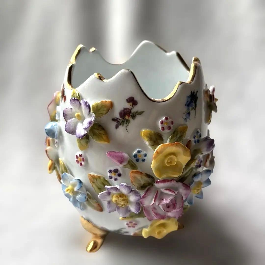 ドイツ ドレスデン風 陶器 花装飾 卵型 花器 金彩 脚付き ヴィンテージ