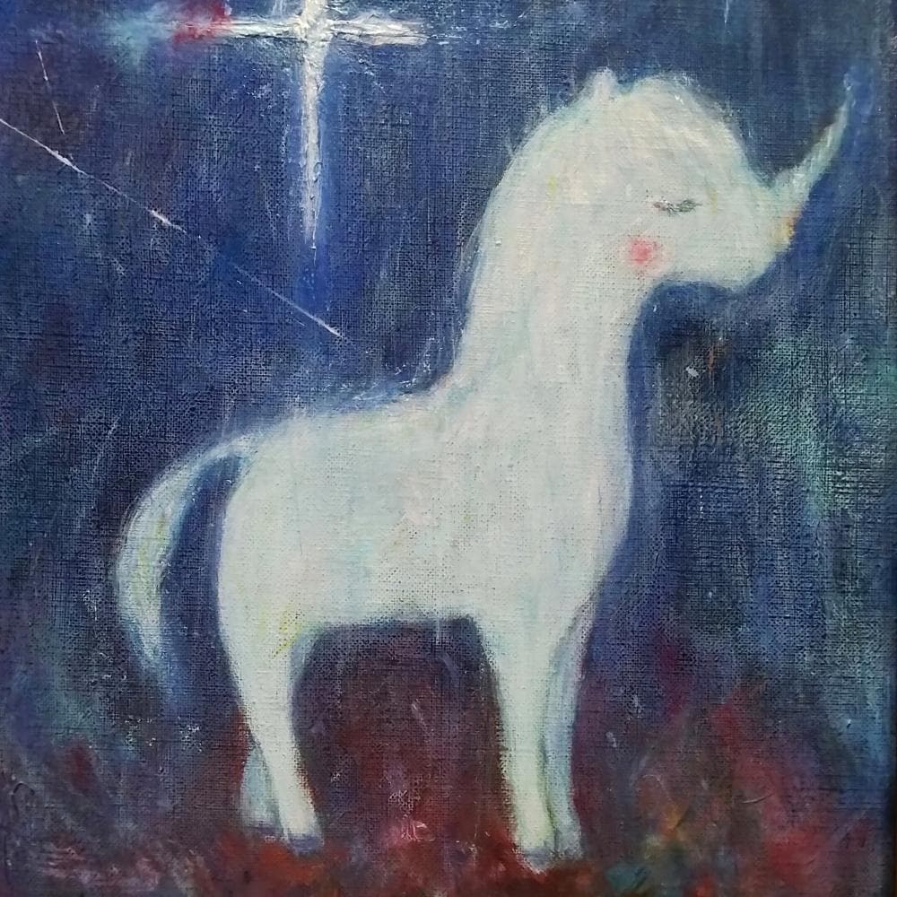 内野隆文　静かな雨と一角獣　絵画　アクリル画　F4号　現代美術　額付　真作