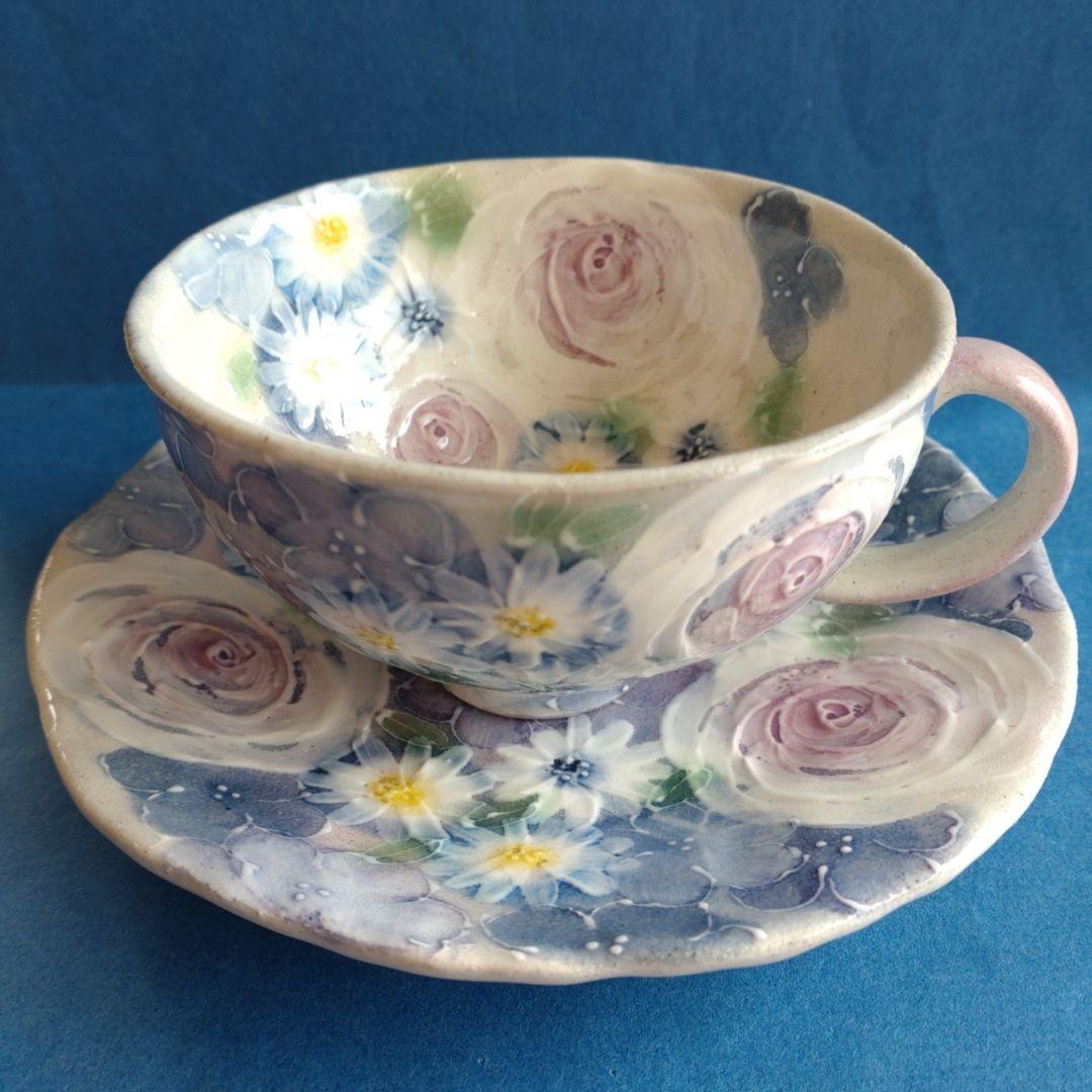 ゆずりは工房　カップ＆ソーサー　青彩ローズ　薔薇　花柄　陶器　瀬戸焼