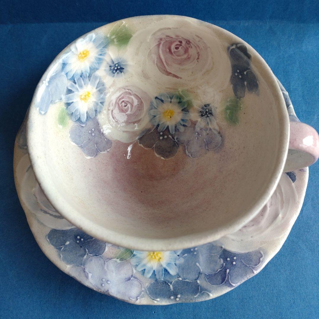 ゆずりは工房　カップ＆ソーサー　青彩ローズ　薔薇　花柄　陶器　瀬戸焼