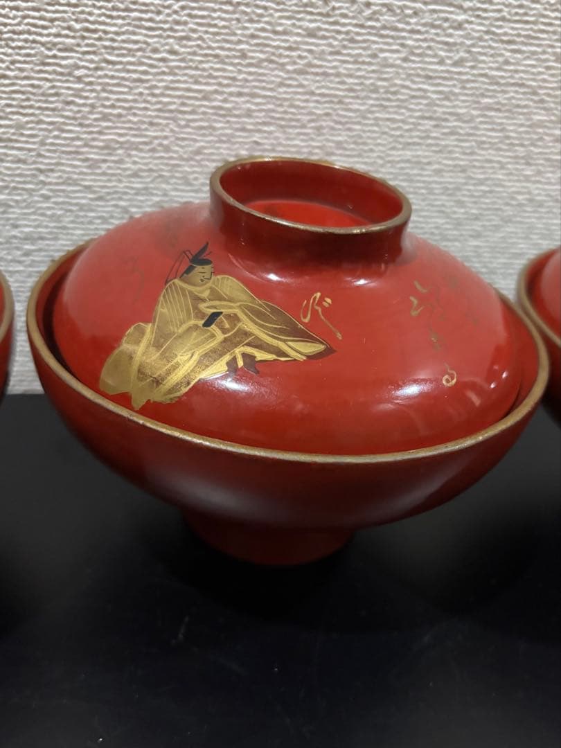 時代　漆器吸い物椀　絵がわり蒔絵10客セット　人物　和歌　明治　大正