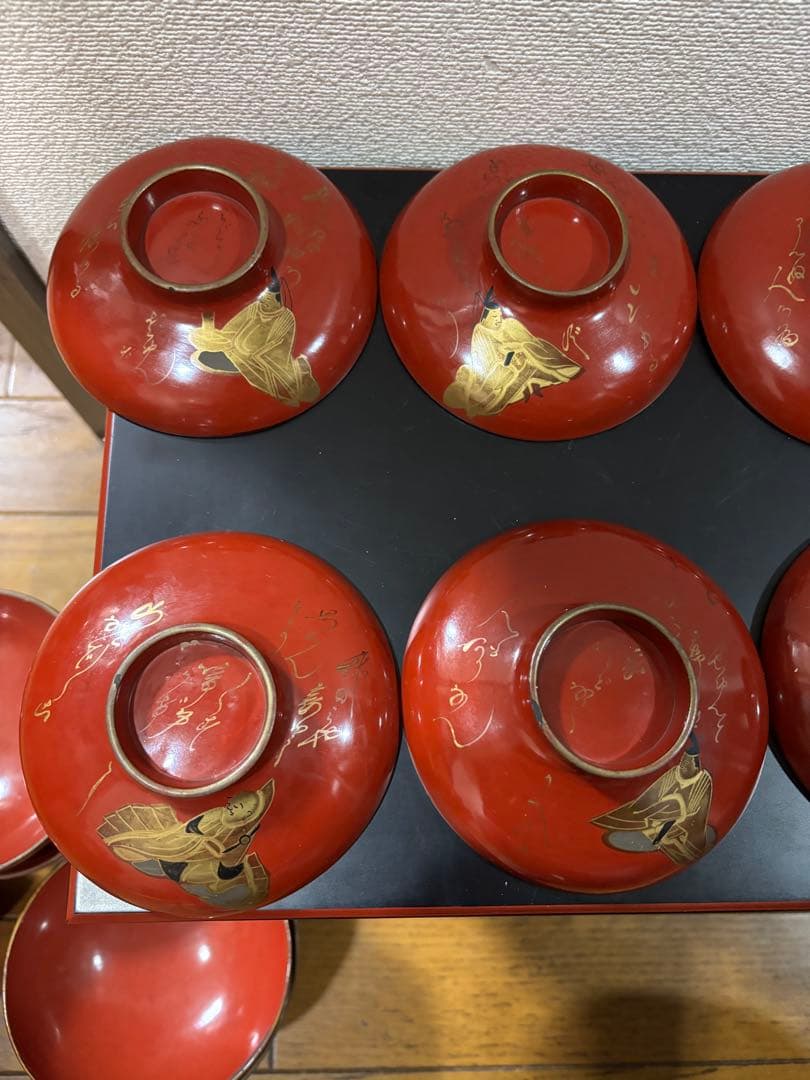 時代　漆器吸い物椀　絵がわり蒔絵10客セット　人物　和歌　明治　大正