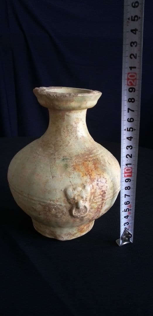 中国古陶器製瓶型 、緑釉双耳、緑釉銀化 高さ約20cm