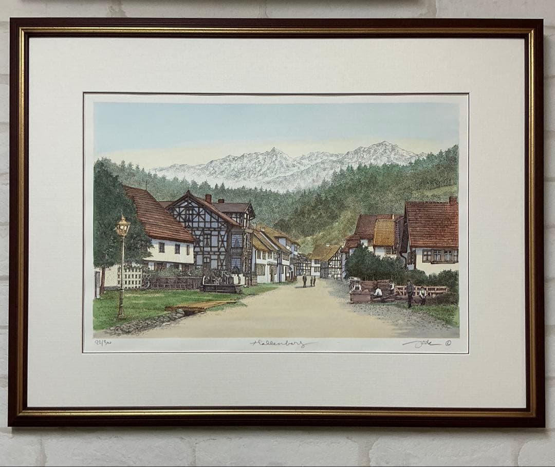 絵画、版画、リトグラフ、織田義郎、ドイツ、ハレンベルク、木組の家、街並み、風景画