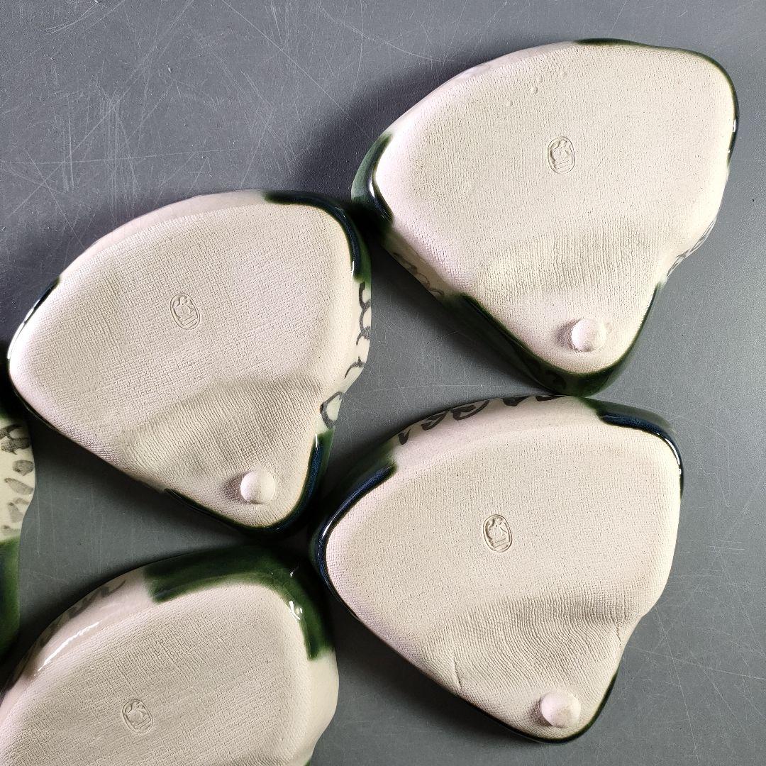 A913-2/織部焼/欣三 造/扇形皿5客/絵変/向付/飾皿/