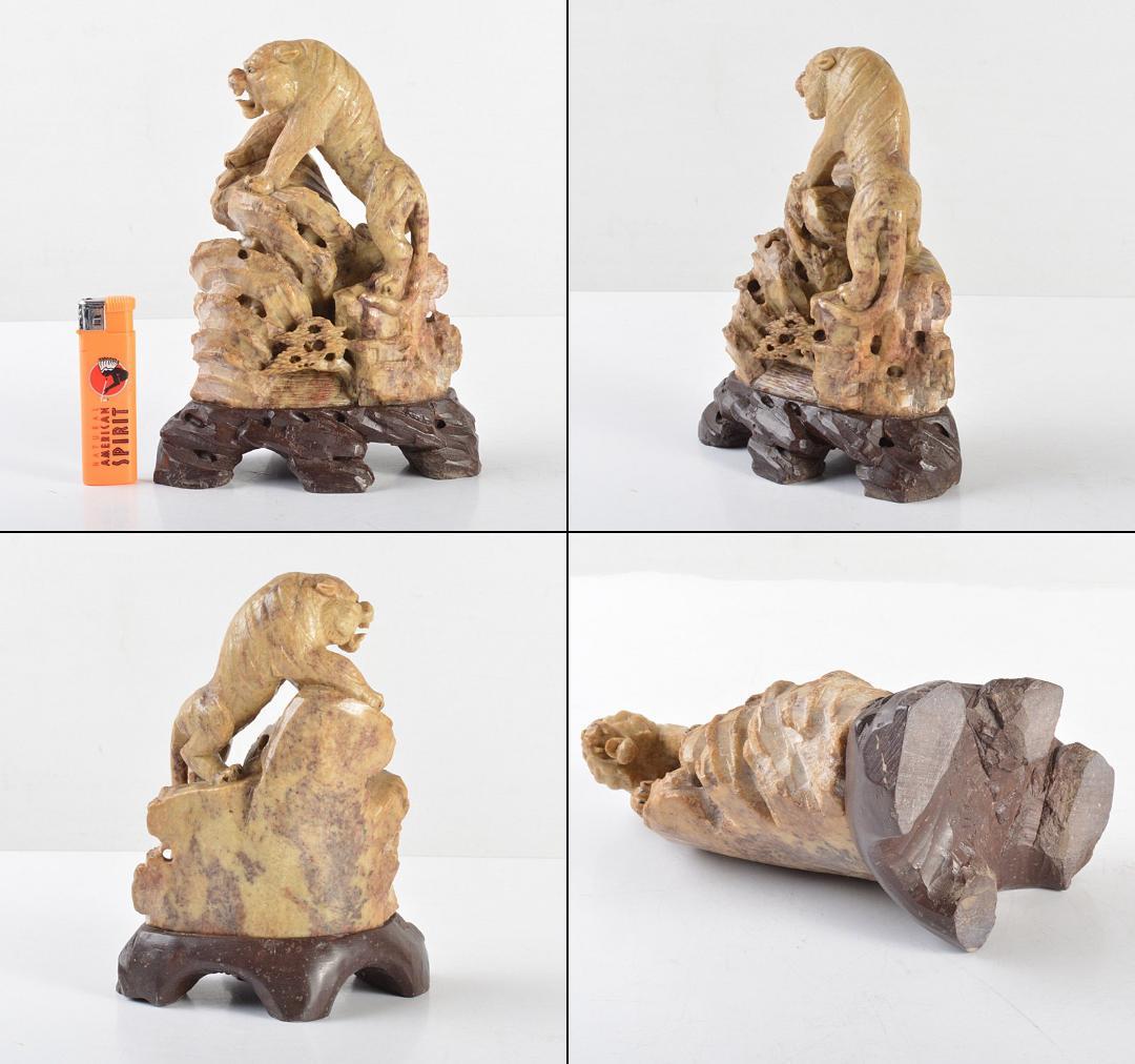 中国　玉石寿山石彫刻　神獣　置物　台付　M　R4786