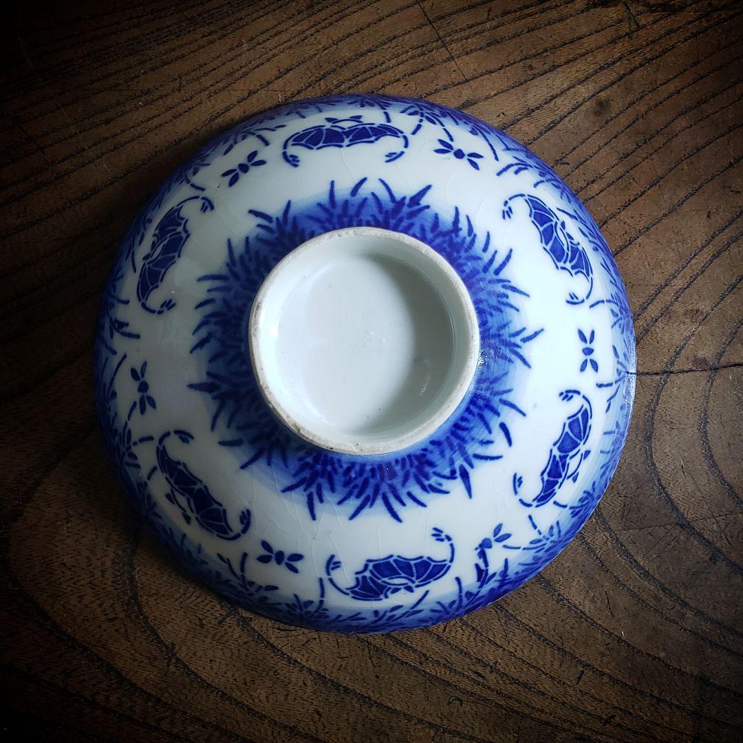 茶碗 ご飯茶碗 染付 印判 希少 コウモリ 大正 昭和初期 貫入