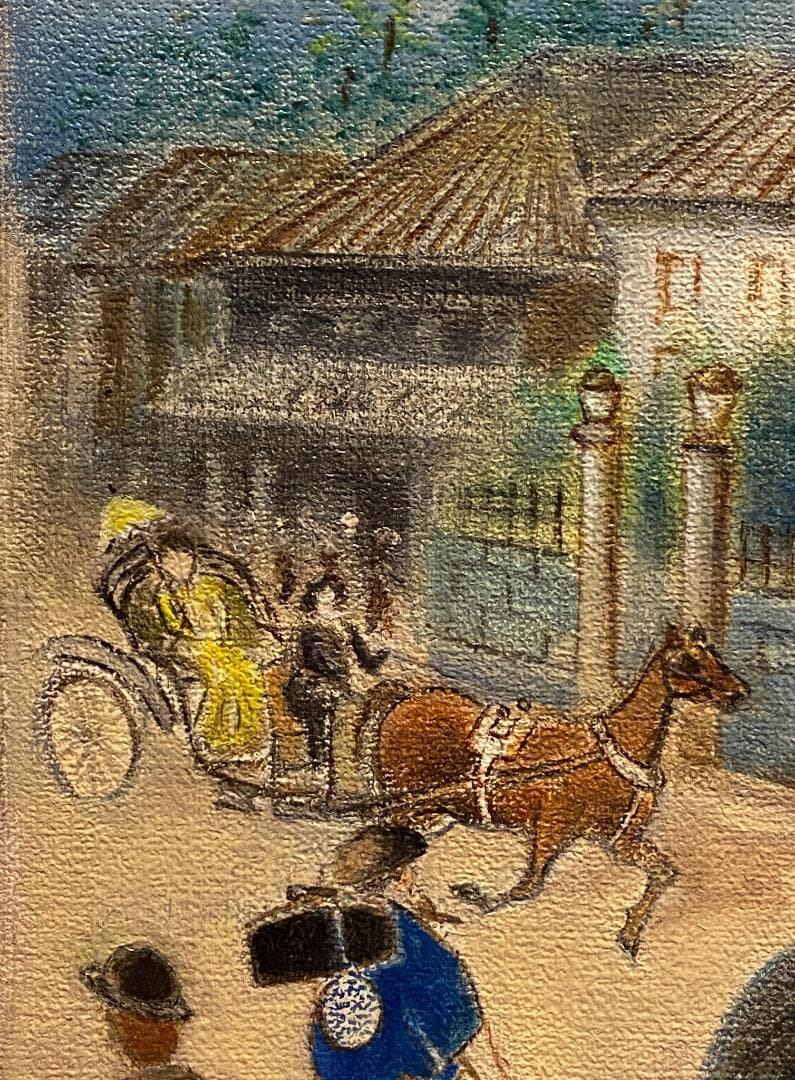 「真作」作者不明　街景画　油絵　油彩画　直筆サイン　額装　F10号