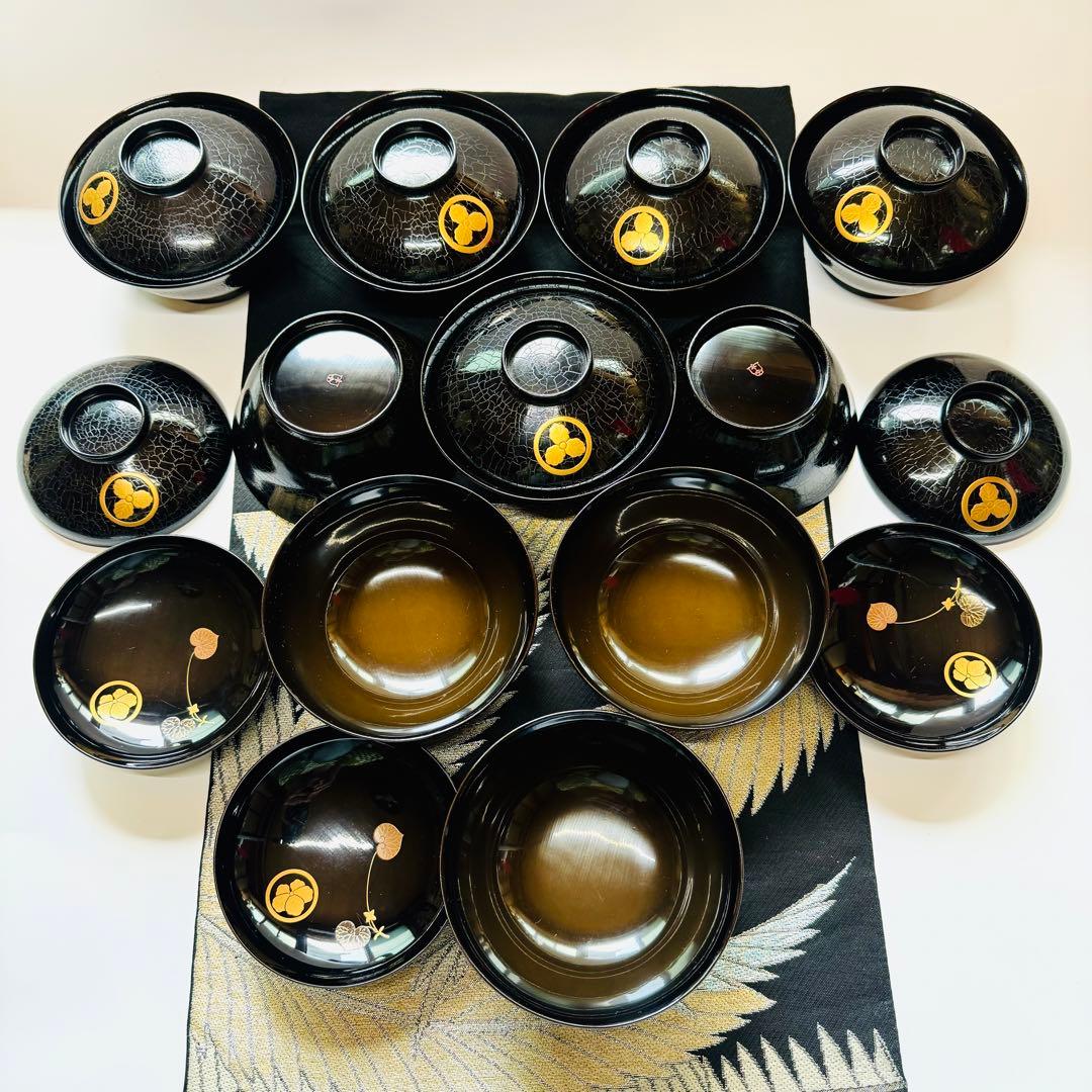 漆器　輪島塗　沈金　金蒔絵　木製　蓋付椀　お煮物椀　吸物椀　10客共箱　 時代物