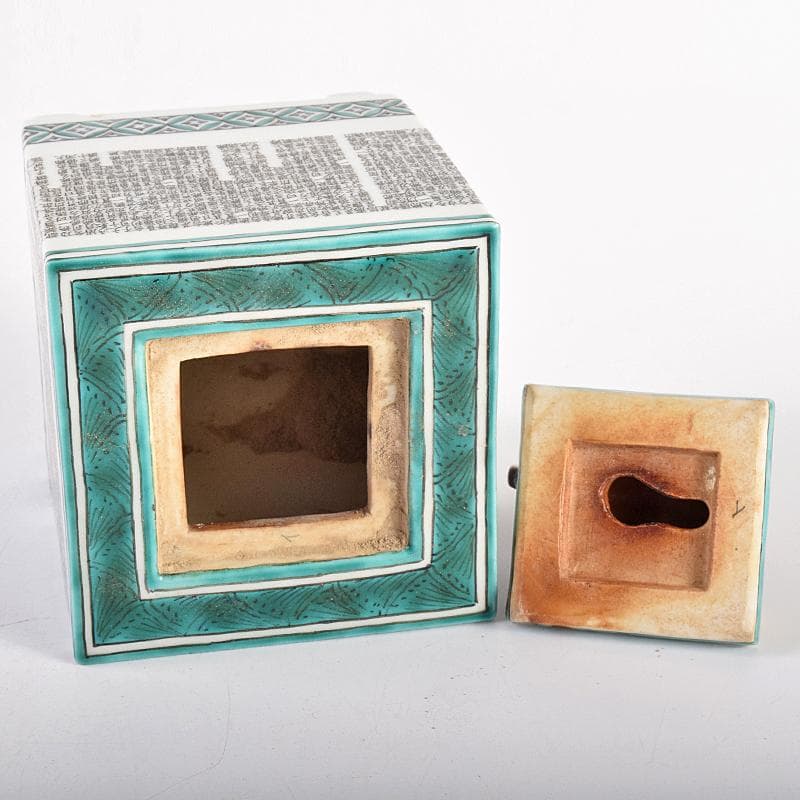 九谷焼　西谷加陽作　色絵　毛筆細字　獅子摘　四方香炉　共布共箱　F　R7688