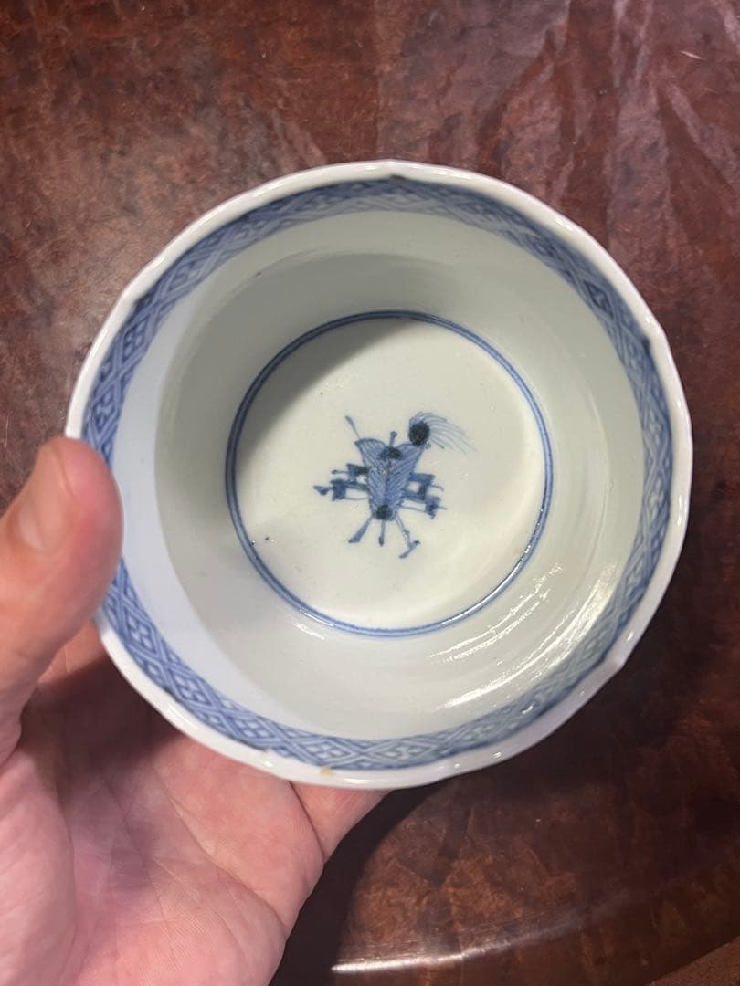 古伊万里　蕎麦猪口　賢人　仙人　人物　蘇轍　印判　宝珠　軍配　団扇　経巻　宝巻