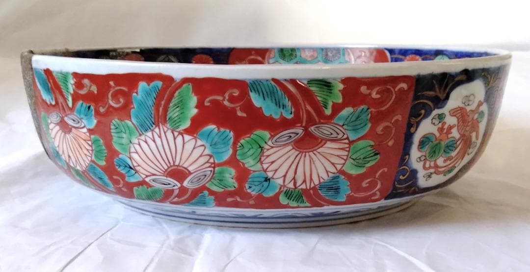 陶器 大深鉢(大) 荒波に獅子・牡丹・鳳凰 色絵 二重鉢揃い Ab-318