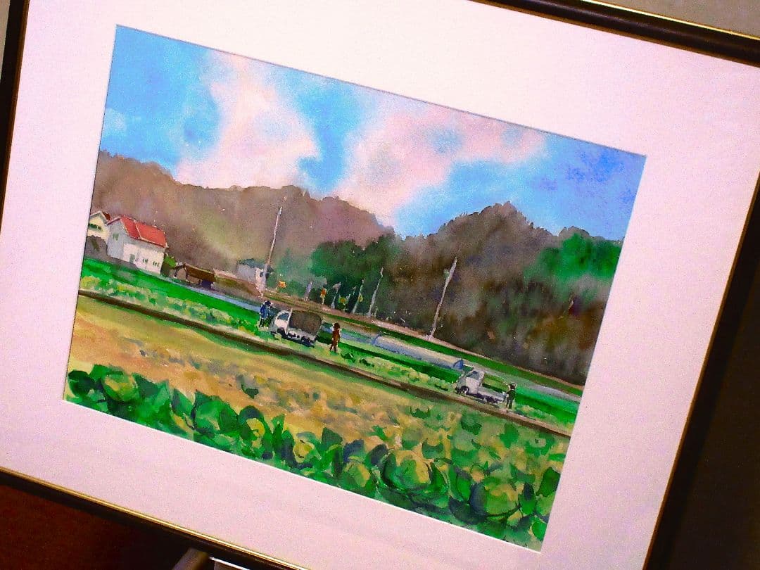 農村風景 水彩画 額装済み F6サイズ 原画