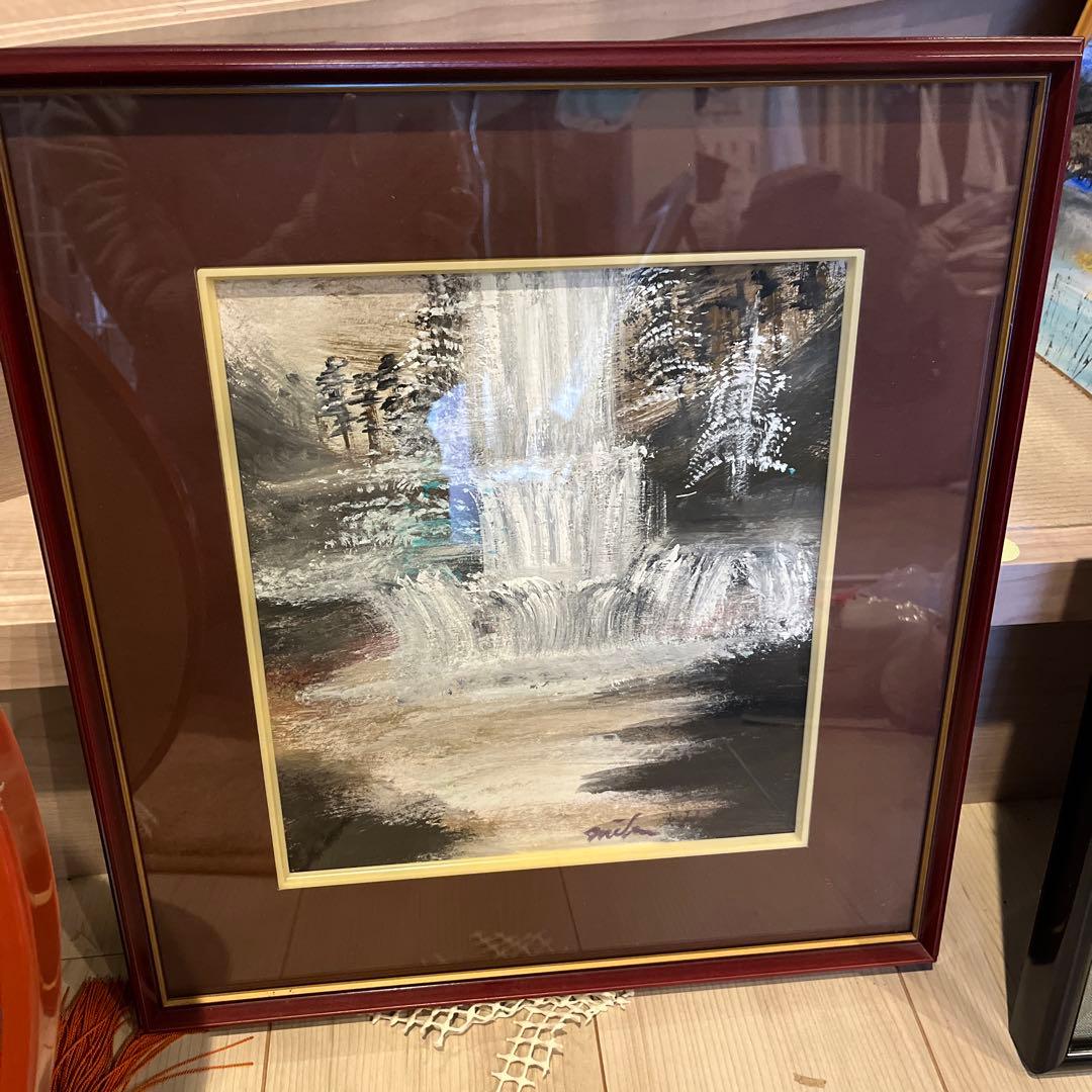 水墨画 滝と森林 木製フレーム付き